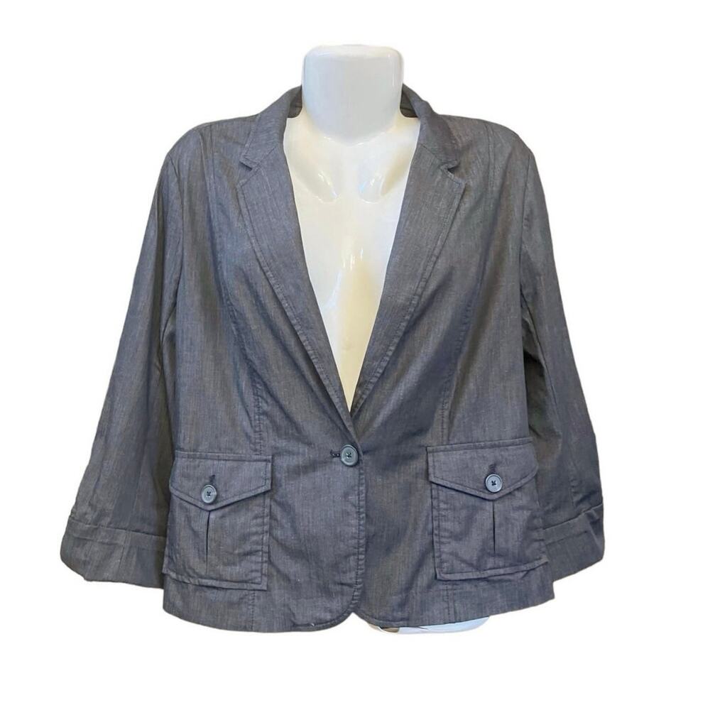Ann Taylor LOFT Women's Chambray 1-Button Blazer Stretch Roll Slv Pockets SZ 14